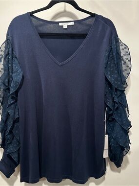 NWT Chico's Navy V-Neck Ruffle Sleeve Pullover - XXL (Chico 4)